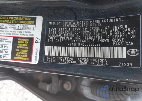 2013 Toyota Camry Se из США, поврежденный, VIN 4T1BF1FK0DU650088